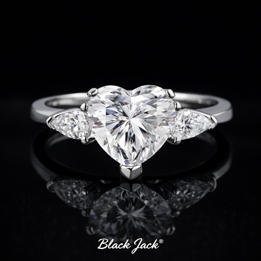 Three-Stone Heart Moissanite Memory Ring – 2.00 Ct Center with Pear Side Stones in 14K White Gold | Black Jack®