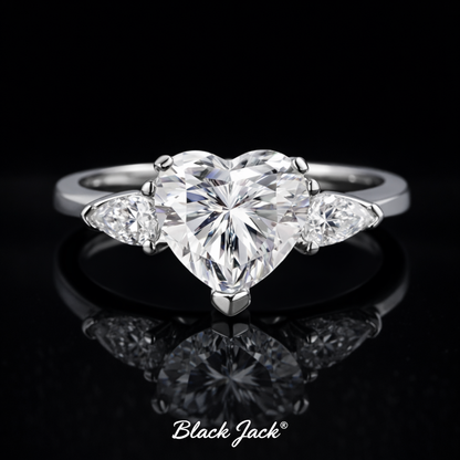 Three-Stone Heart Moissanite Memory Ring – 2.00 Ct Center with Pear Side Stones in 14K White Gold | Black Jack®