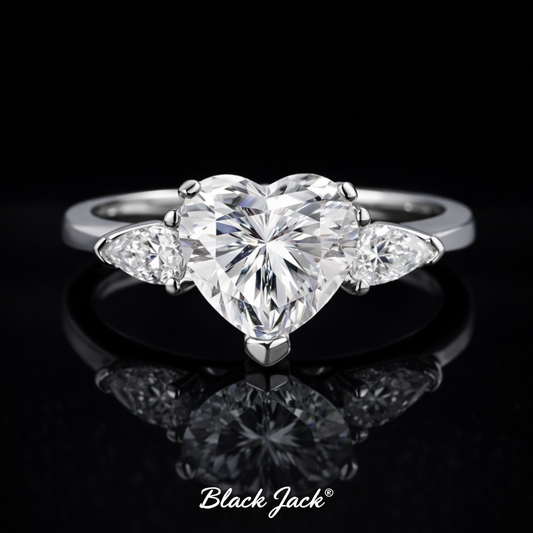Three-Stone Heart Moissanite Memory Ring – 2.00 Ct Center with Pear Side Stones in 14K White Gold | Black Jack®