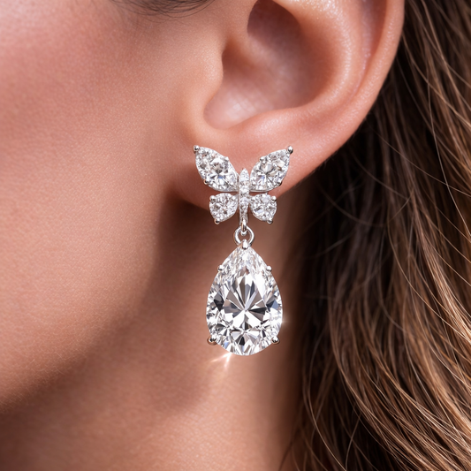 5.00 Carat Pear & Mixed Cut Moissanite Butterfly Drop Earrings in 925 Sterling Silver