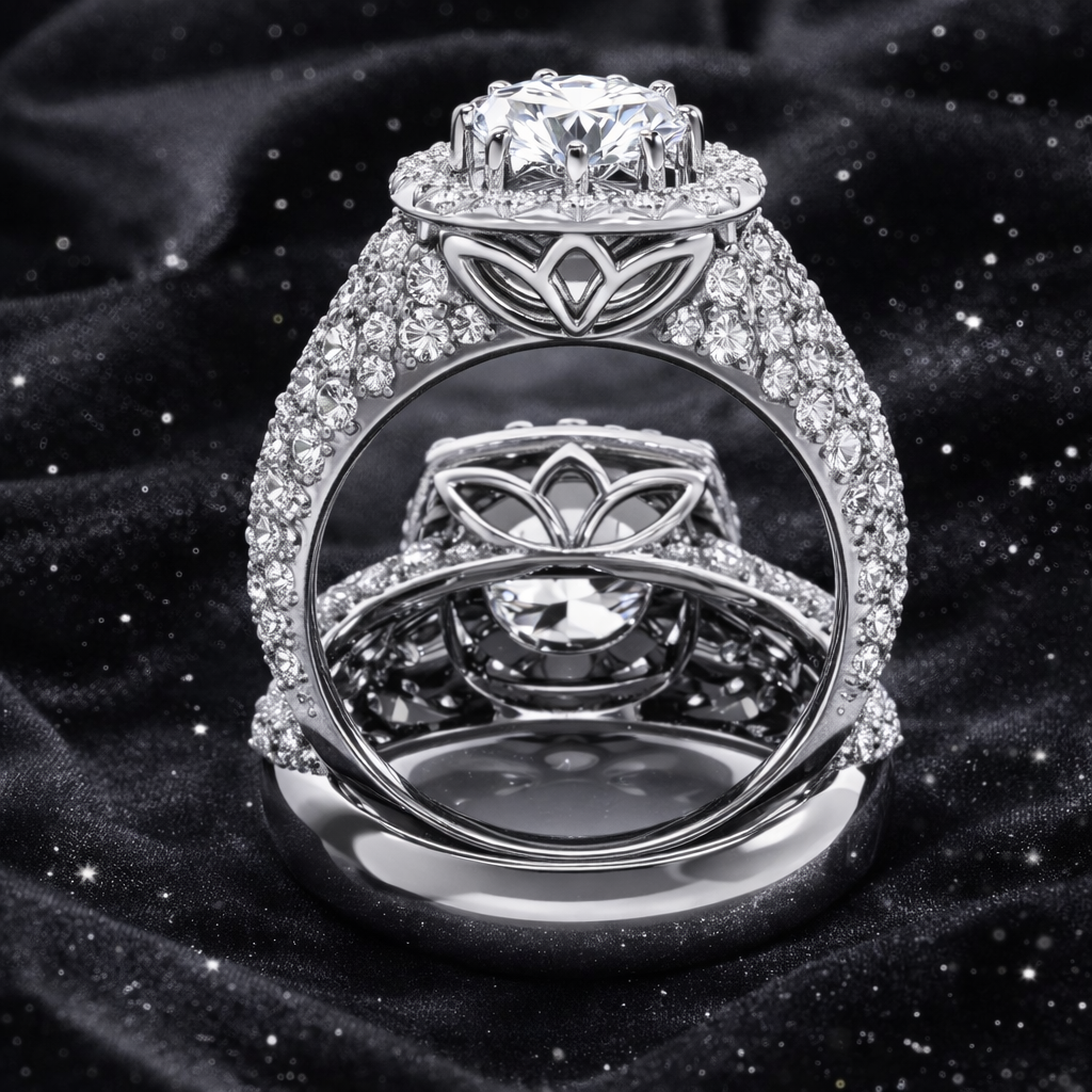 6.80 Carat Total Lab-Grown Diamond Double Pavé Halo Engagement Ring Round Brilliant in 14K White Gold