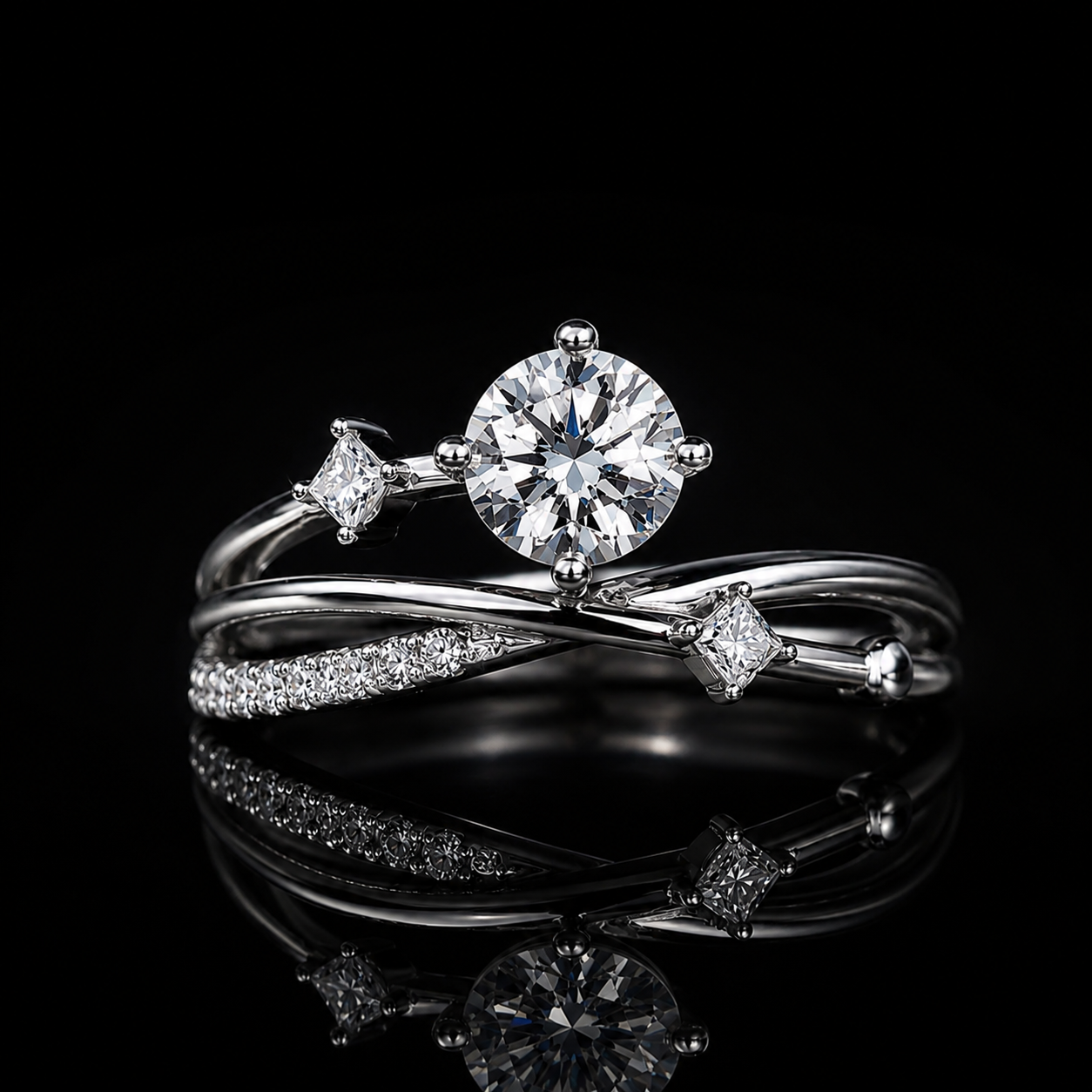 2.00 Ct Pet Loss Memorial Round Cut Princess Accent Multi-Row Ring in 14K White Gold Black Jack