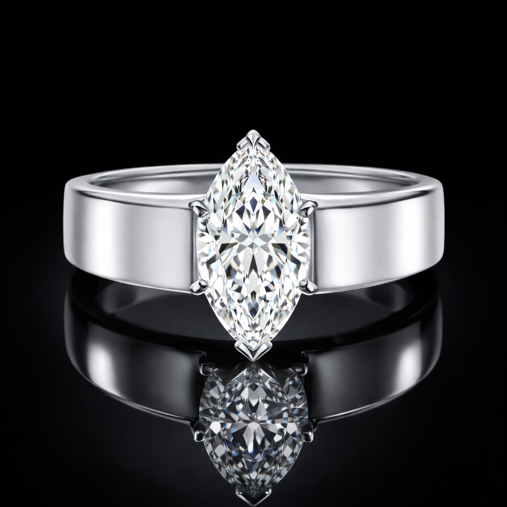 1.50 Ct Marquise Hair to Diamond Solitaire Ring in 14K White Gold Black Jack