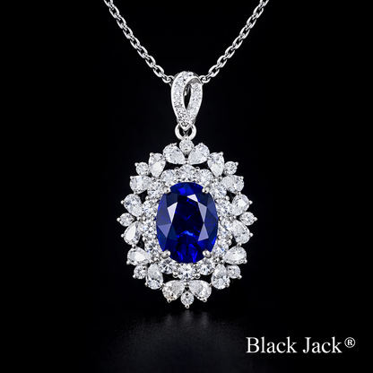 1.50 Carat Oval Cut Royal Blue Lab-Grown Sapphire Floral Halo Pendant in 925 Sterling Silver