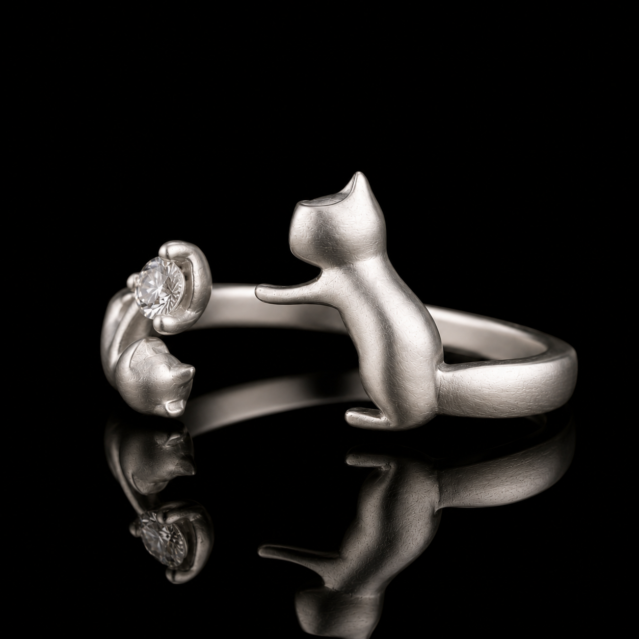 0.50 Ct Human Memorial Diamond Cat Couple Open Ring Memory Diamond Ring Round Cut 14K White Gold Black Jack