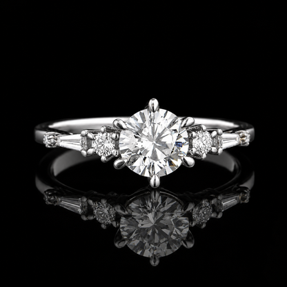 2.00 Ct Forever Remembered Round Cut Tapered Baguette Side Stone Ring in 14K White Gold Black Jack