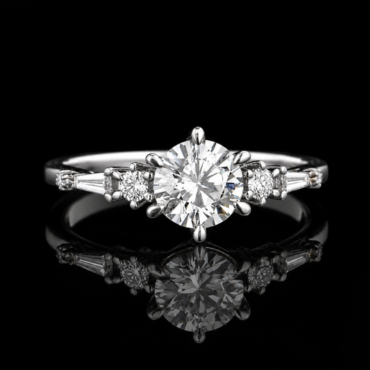 2.00 Ct Forever Remembered Round Cut Tapered Baguette Side Stone Ring in 14K White Gold Black Jack