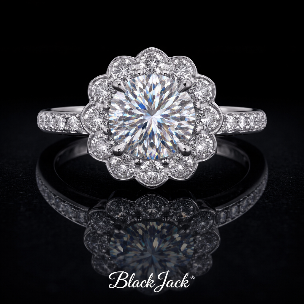 2.70 Carat Round Cut Moissanite Floral Halo Pavé Engagement Ring in 925 Sterling Silver