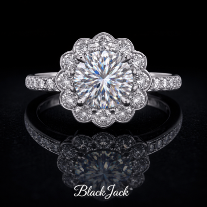 2.70 Carat Round Cut Moissanite Floral Halo Pavé Engagement Ring in 925 Sterling Silver