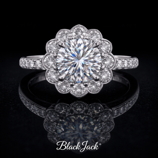 2.70 Carat Round Cut Moissanite Floral Halo Pavé Engagement Ring in 925 Sterling Silver