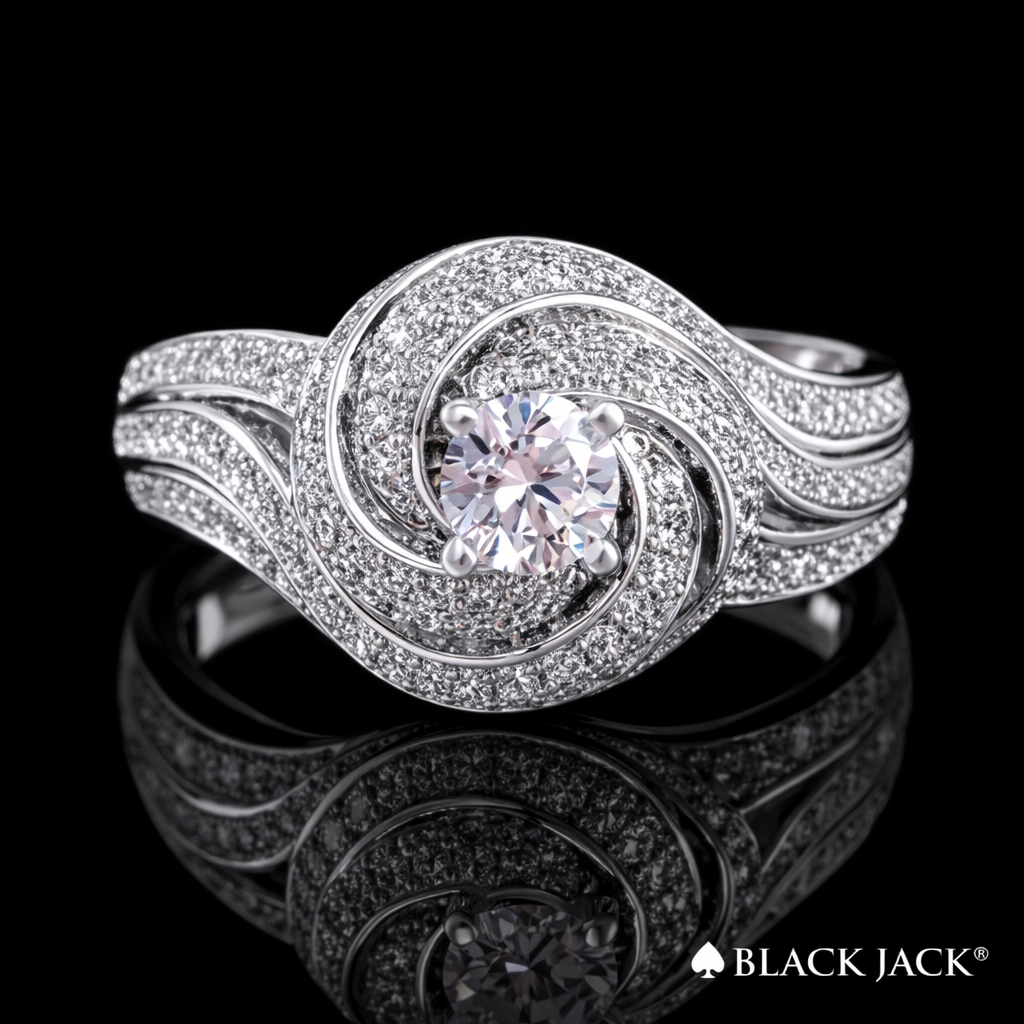 2.30 Carat Round Cut Moissanite Swirl Pavé Engagement Ring in 925 Sterling Silver