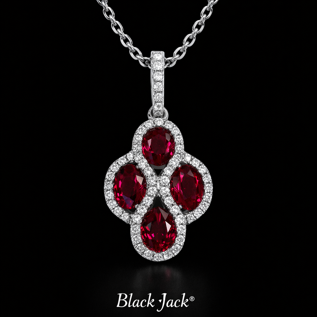 4.35 Carat Four Stone Ruby & Moissanite Halo Pendant in 925 Sterling Silver