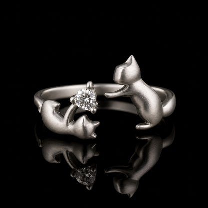 0.50 Ct Human Memorial Diamond Cat Couple Open Ring Memory Diamond Ring Round Cut 14K White Gold Black Jack