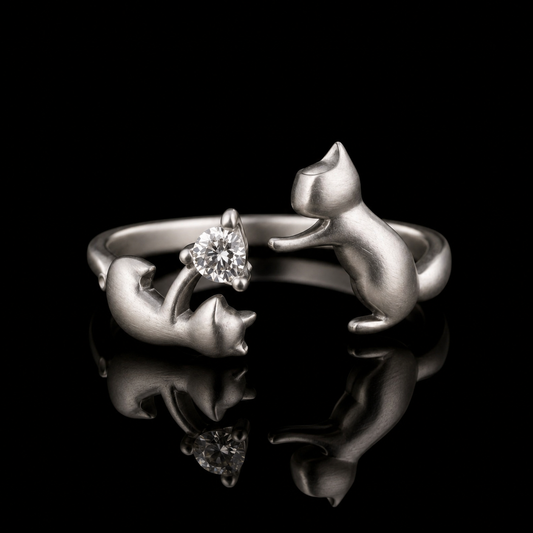 0.50 Ct Human Memorial Diamond Cat Couple Open Ring Memory Diamond Ring Round Cut 14K White Gold Black Jack