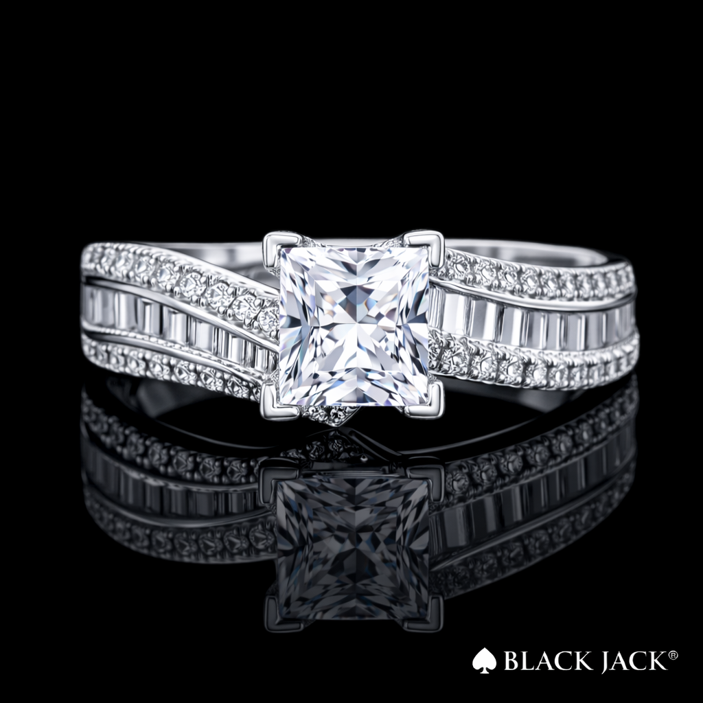2.75 Carat Princess Cut Moissanite Baguette & Pavé Engagement Ring in 925 Sterling Silver