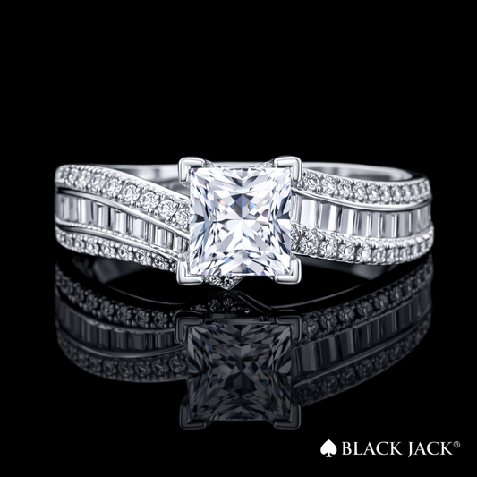 2.75 Carat Princess Cut Moissanite Baguette & Pavé Engagement Ring in 925 Sterling Silver