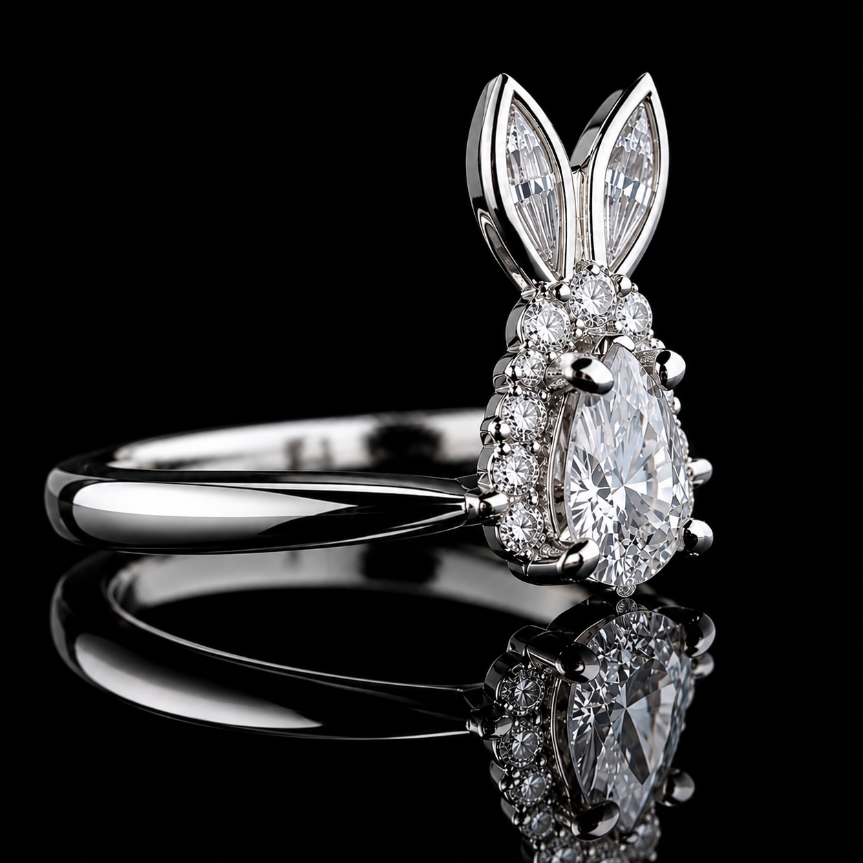 1.20 Ct Bunny Rabbit Memory Diamond Ring Pet Cremation Ring Pear Halo Engagement Ring 14K White Gold Black Jack