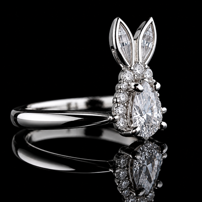 1.20 Ct Bunny Rabbit Memory Diamond Ring Pet Cremation Ring Pear Halo Engagement Ring 14K White Gold Black Jack
