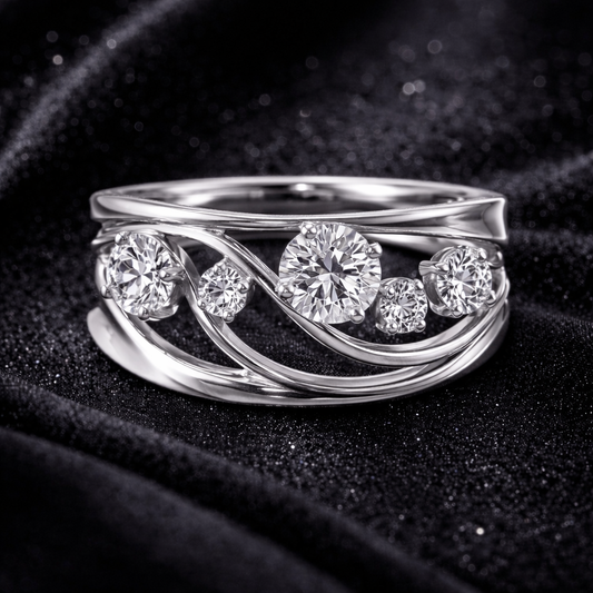 1.00 Carat Custom Memory Moissanite Wave Five-Stone Ring – Lab-Created Moissanite from Personal Carbon in 14K White Gold