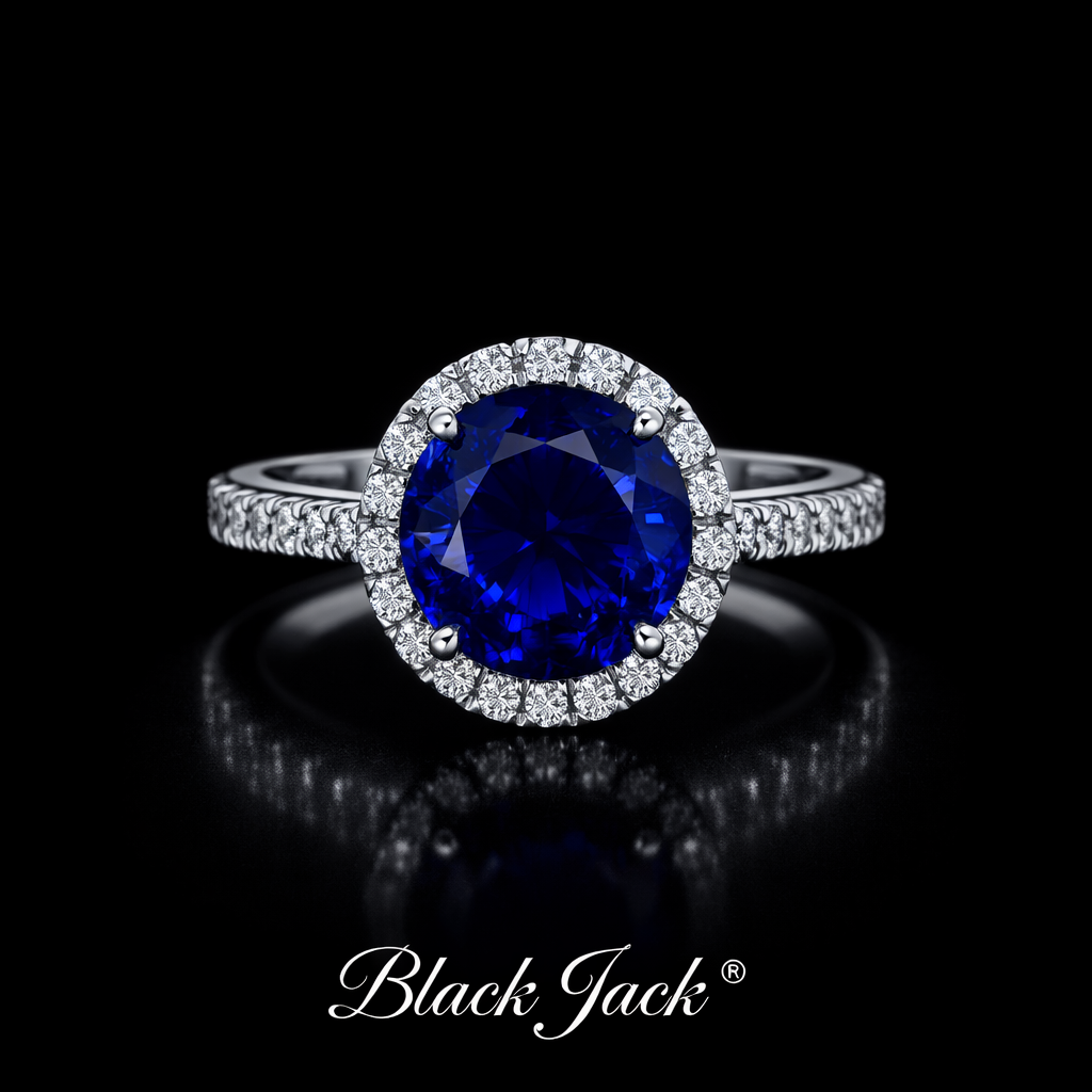 2.35 Carat Total Round Cut Royal Blue Lab-Grown Sapphire Halo Ring with Moissanite in 925 Sterling Silver