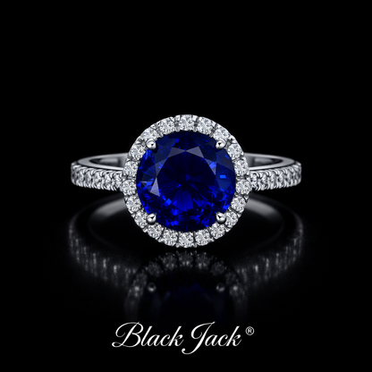 2.35 Carat Total Round Cut Royal Blue Lab-Grown Sapphire Halo Ring with Moissanite in 925 Sterling Silver