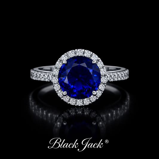 2.65 Ct Round Blue Sapphire Halo Ring with Moissanite – 14K Gold Plated Sterling Silver Black Jack®