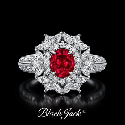 2.40 Carat Round Cut Ruby & Moissanite Floral Halo Engagement Ring in 925 Sterling Silver