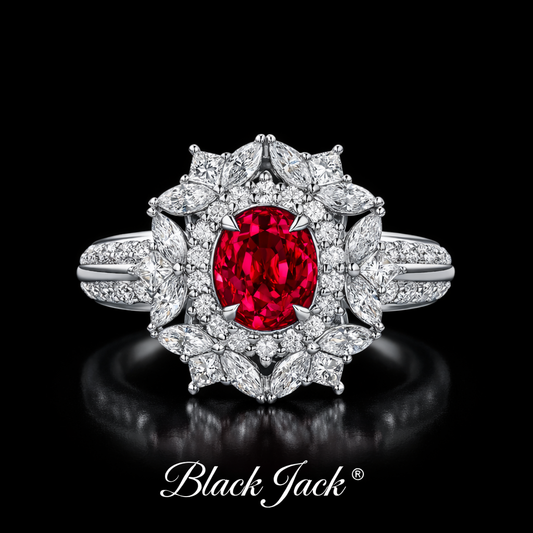 1.50 Ct Oval Red Ruby Halo Ring with Marquise & Round Moissanite in 14K Gold Plated Sterling Silver Black Jack®