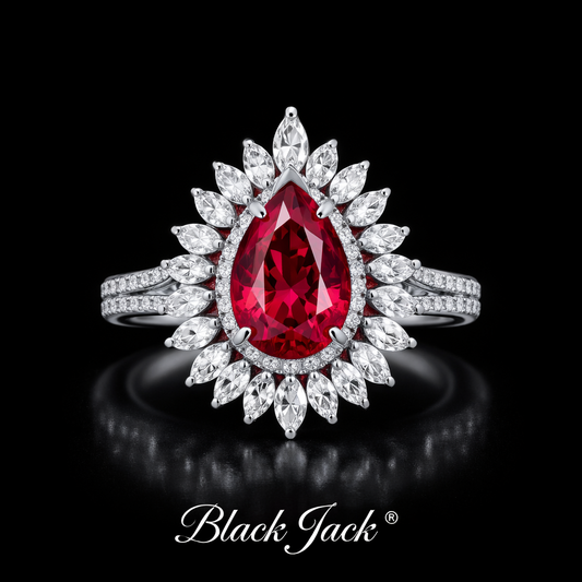 1.70 Ct Pear Cut Red Ruby Halo Ring in 14K Gold Plated Sterling Silver with Marquise Moissanite Black Jack®