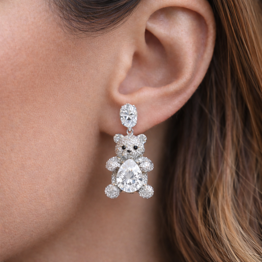 3.25 Carat Round & Pear Cut Moissanite Teddy Bear Drop Earrings in 925 Sterling Silver