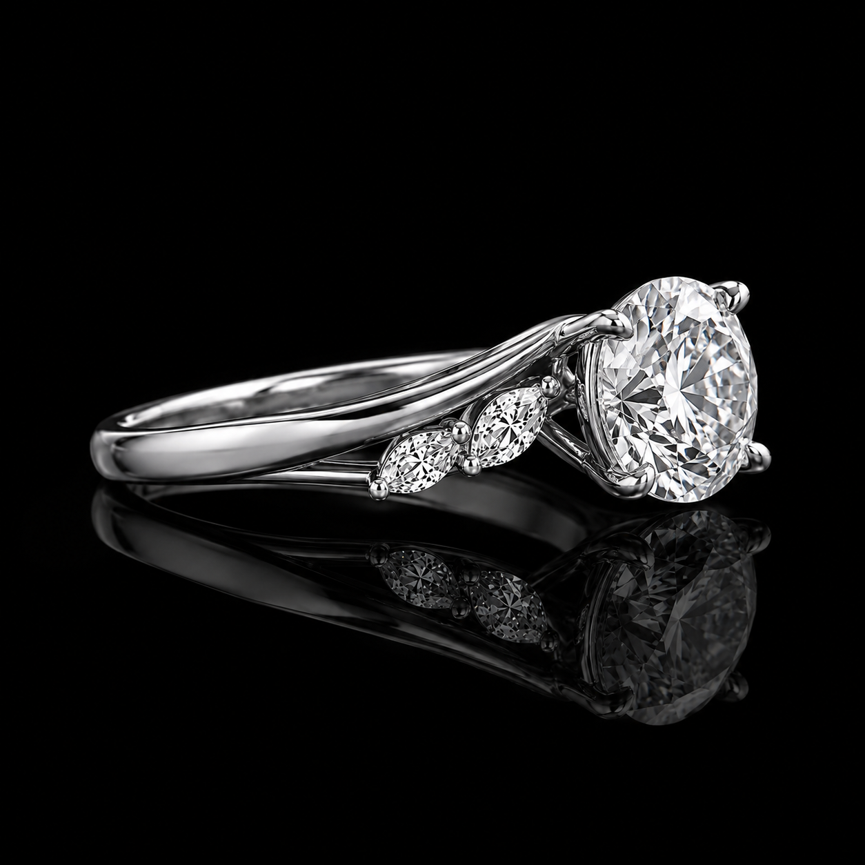 3.00 Ct Custom Memory Diamond Round Cut Marquise Side Stone Ring in 14K White Gold Black Jack