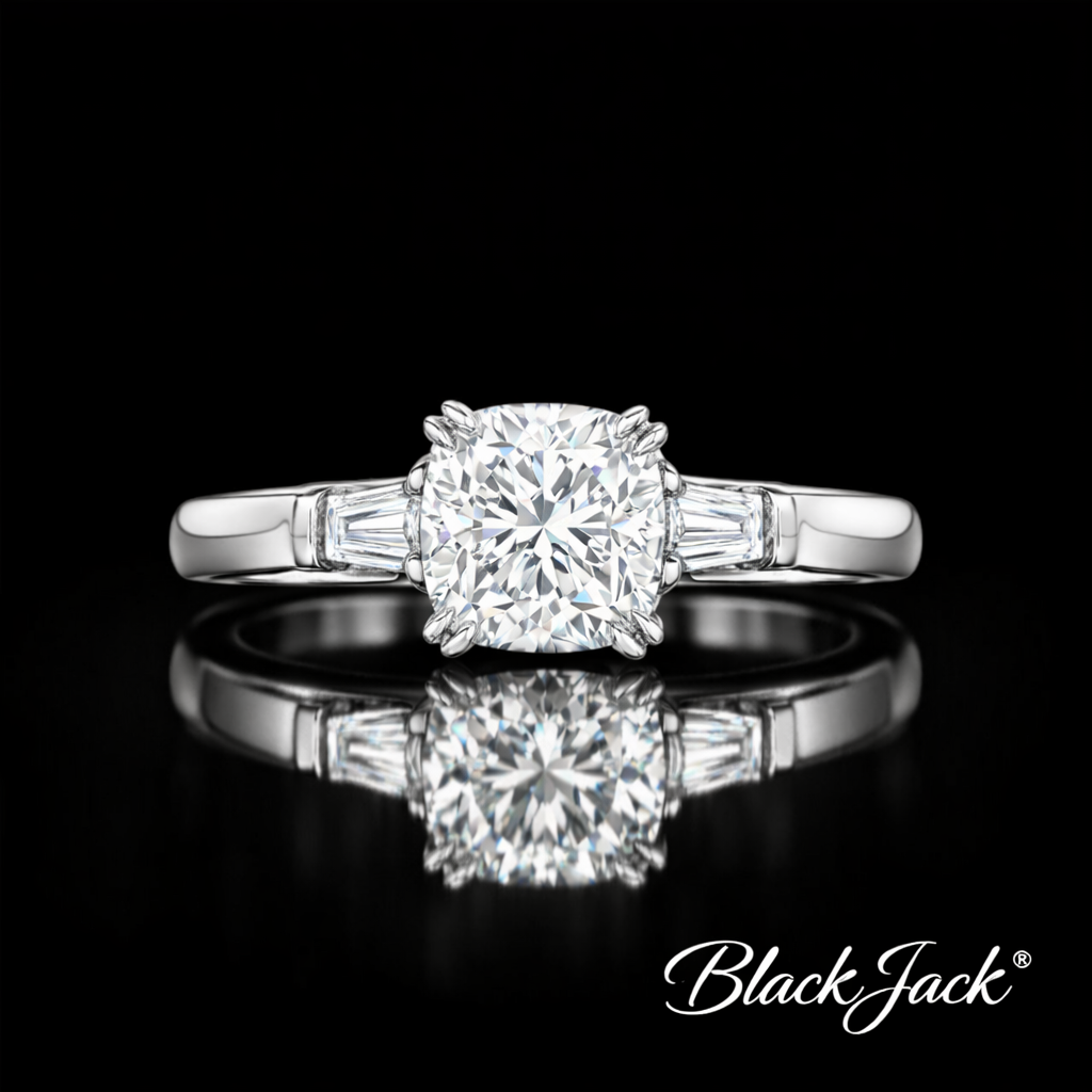 1.20 CT Cushion Cut Lab Grown Diamond Three-Stone Engagement Ring 14K White Gold Plated  Black Jack®