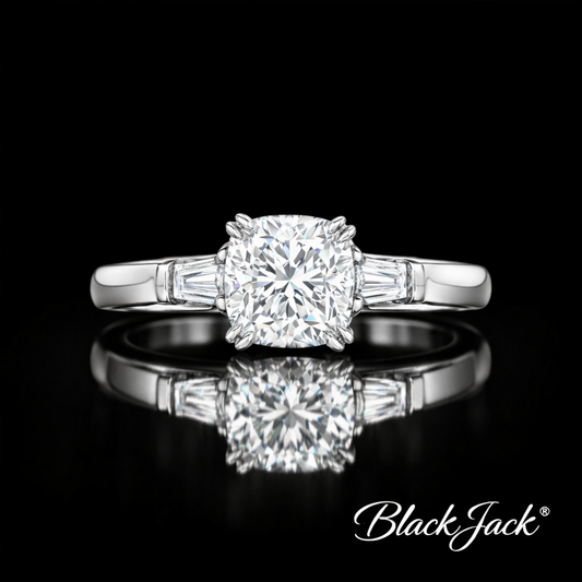 1.20 CT Cushion Cut Lab Grown Diamond Three-Stone Engagement Ring 14K White Gold Plated  Black Jack®