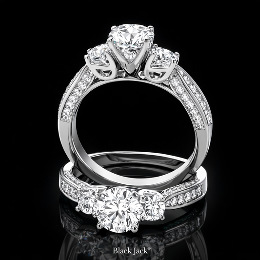 3.20 Carat Round Cut Moissanite Three Stone Pavé Engagement Ring in 925 Sterling Silver