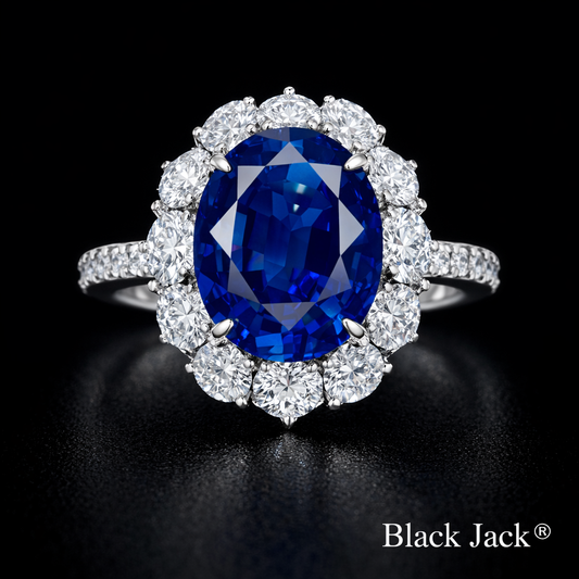 1.54 Ct Oval Royal Blue Sapphire Moissanite Halo Ring in 14K Gold Plated 925 Sterling Silver – Black Jack®)