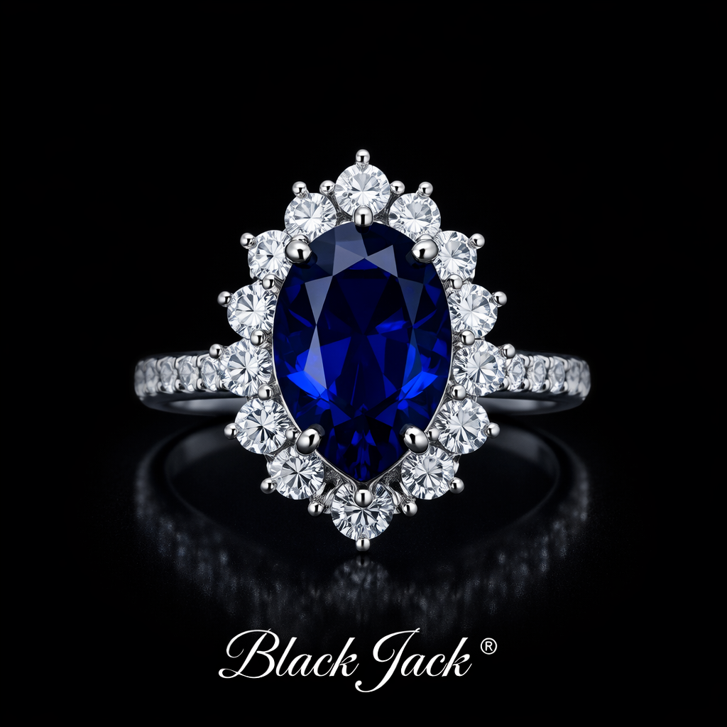 4.30 Carat Total Oval Cut Royal Blue Lab-Grown Sapphire Halo Ring with Moissanite in 925 Sterling Silver