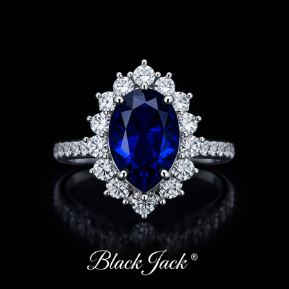 4.30 Carat Total Oval Cut Royal Blue Lab-Grown Sapphire Halo Ring with Moissanite in 925 Sterling Silver