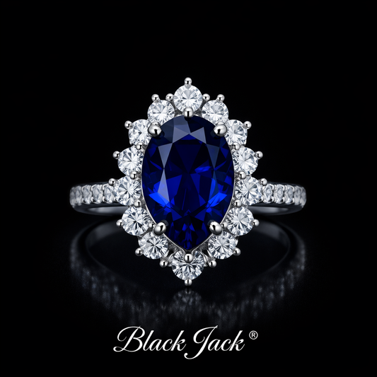 4.30 Ct Oval Cut Blue Sapphire Halo Ring with Moissanite – 14K Gold Plated Sterling Silver Black Jack®