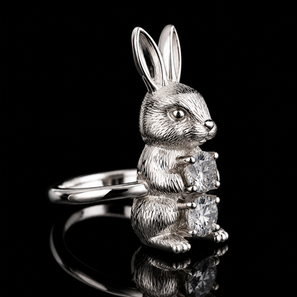 2.00 Ct Pet Cremation Diamond Bunny Rabbit Ring Human Ashes Jewelry 14K White Gold Memorial Keepsake Ring Black Jack