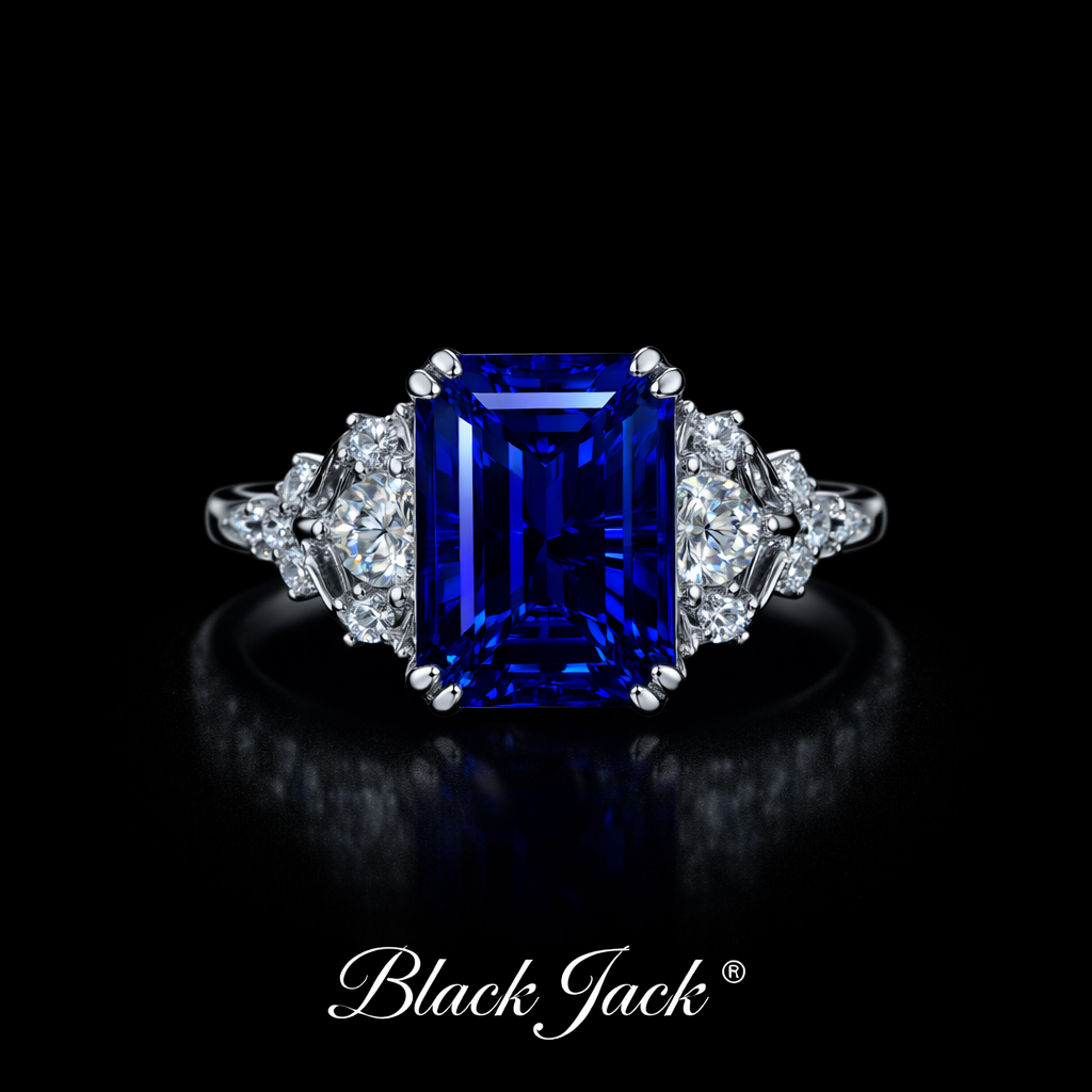 3.85 Carat Total Emerald Cut Royal Blue Lab-Grown Sapphire Ring in 925 Sterling Silver