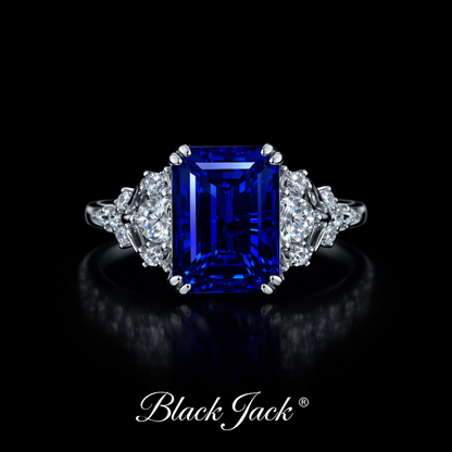 3.85 Carat Total Emerald Cut Royal Blue Lab-Grown Sapphire Ring in 925 Sterling Silver