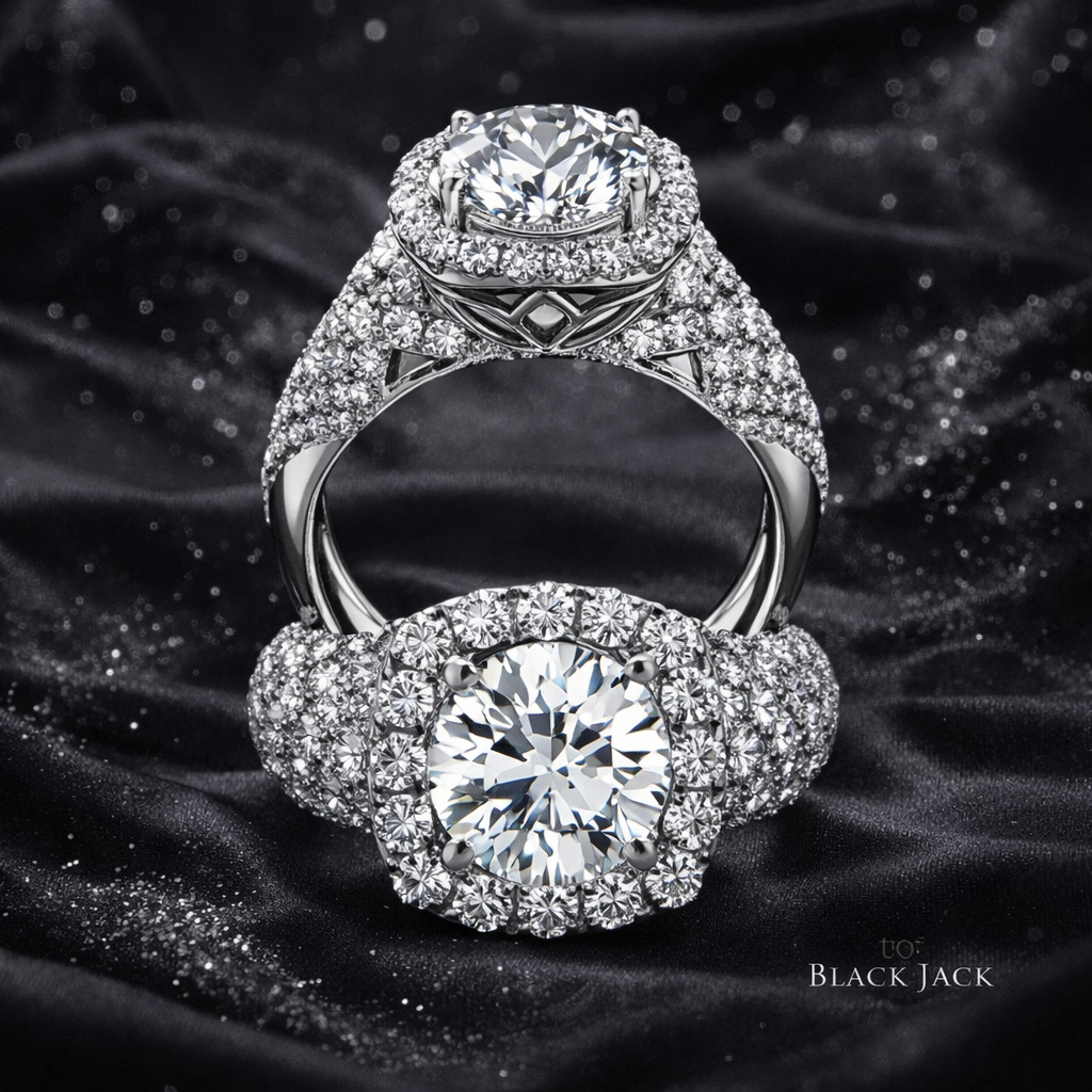 6.80 Carat Total Lab-Grown Diamond Double Pavé Halo Engagement Ring Round Brilliant in 14K White Gold