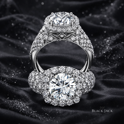 6.80 Carat Total Lab-Grown Diamond Double Pavé Halo Engagement Ring Round Brilliant in 14K White Gold