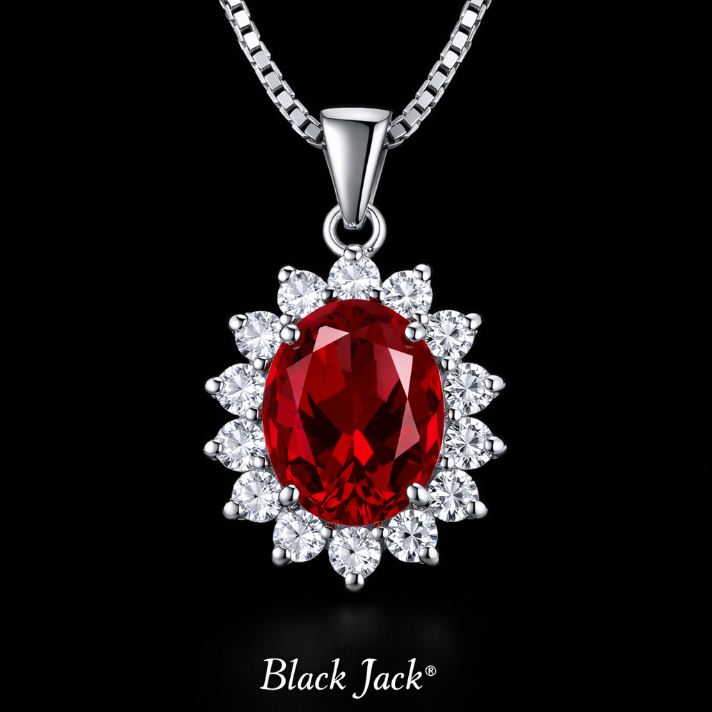 2.55 Carat Oval Cut Ruby & Moissanite Halo Pendant in 925 Sterling Silver
