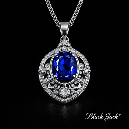 1.50 Carat Oval Cut Royal Blue Lab-Grown Sapphire Halo Pendant in 925 Sterling Silver