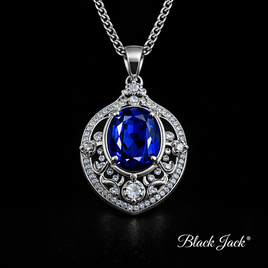 1.51 Ct Oval Royal Blue Sapphire Vintage Moissanite Halo Pendant in 14K Gold Plated 925 Sterling Silver With Chain – Black Jack®