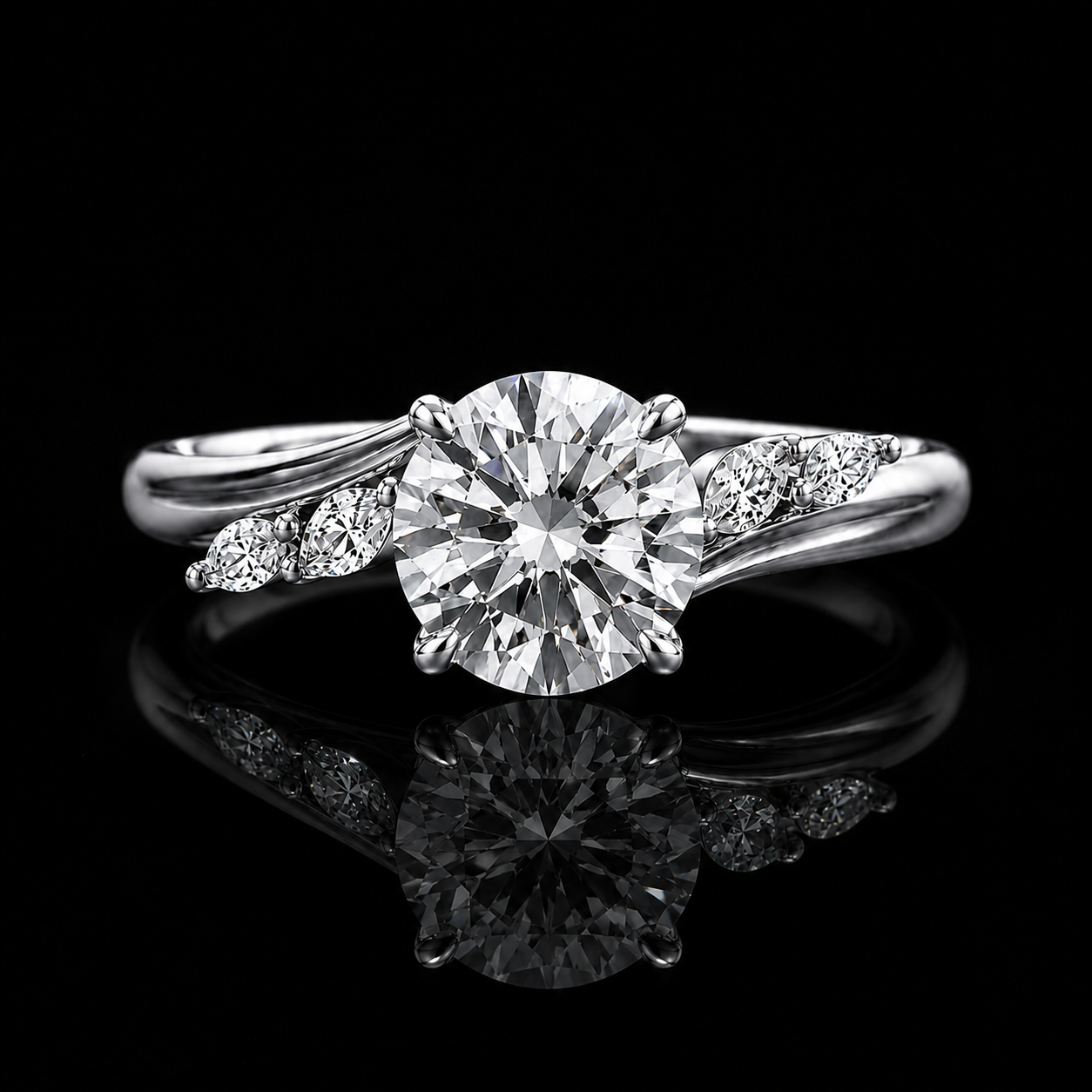 3.00 Ct Custom Memory Diamond Round Cut Marquise Side Stone Ring in 14K White Gold Black Jack