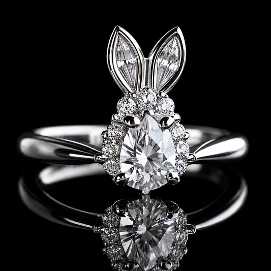 1.20 Ct Bunny Rabbit Memory Diamond Ring Pet Cremation Ring Pear Halo Engagement Ring 14K White Gold Black Jack