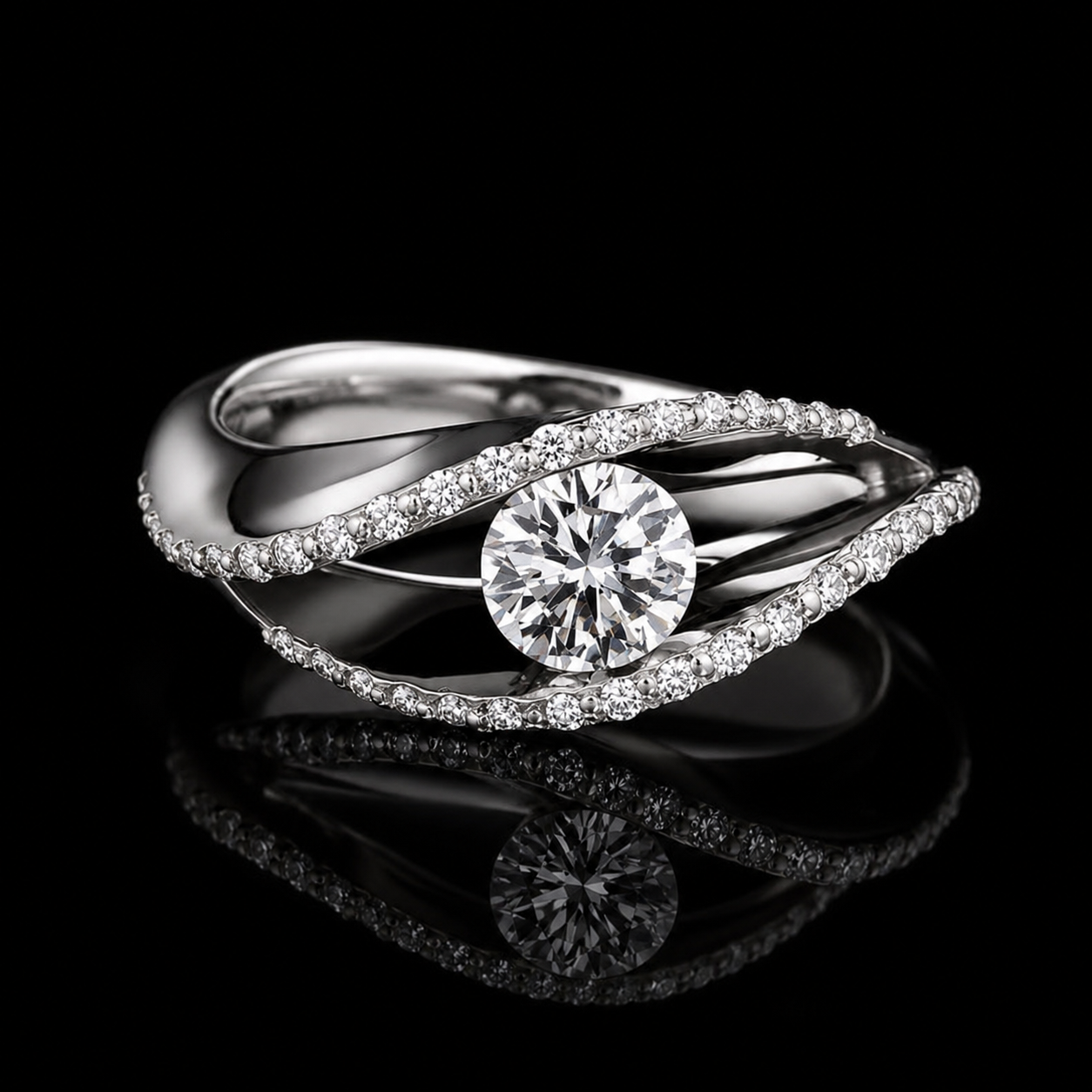 2.00 Ct Lab Grown Memorial Diamond Round Cut Swirl Pavé Ring in 14K White Gold Black Jack