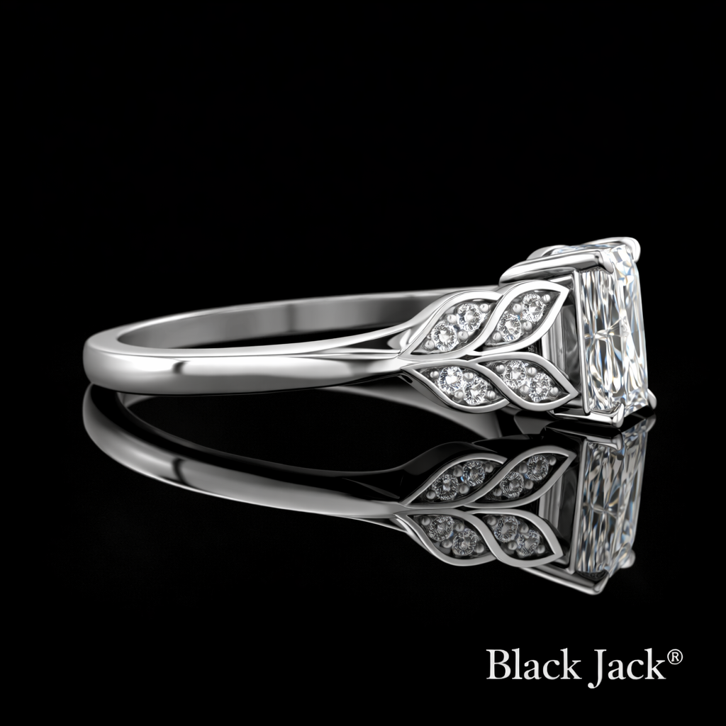 1.25 Carat Lab-Grown Diamond Engagement Ring Emerald Cut with Leaf Side Stones in 14K White Gold